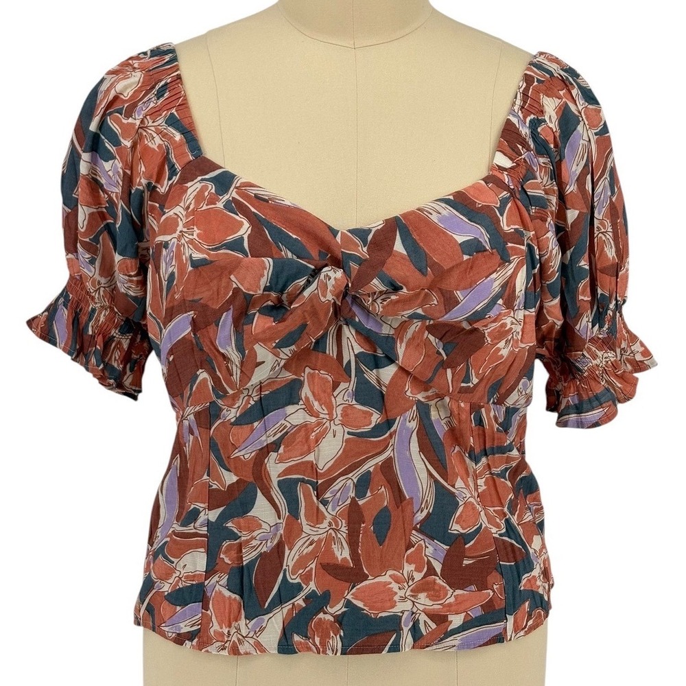 Nine West Blouse Rust Floral Sweetheart Knot Front Puff Sleeve 2X